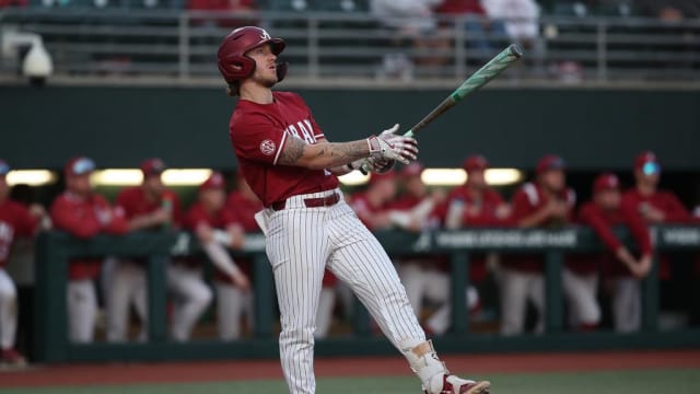 Alabama baseball third baseman, designated hitter and leadoff hitter Gage Miller (12) on Feb, 20, 2024.